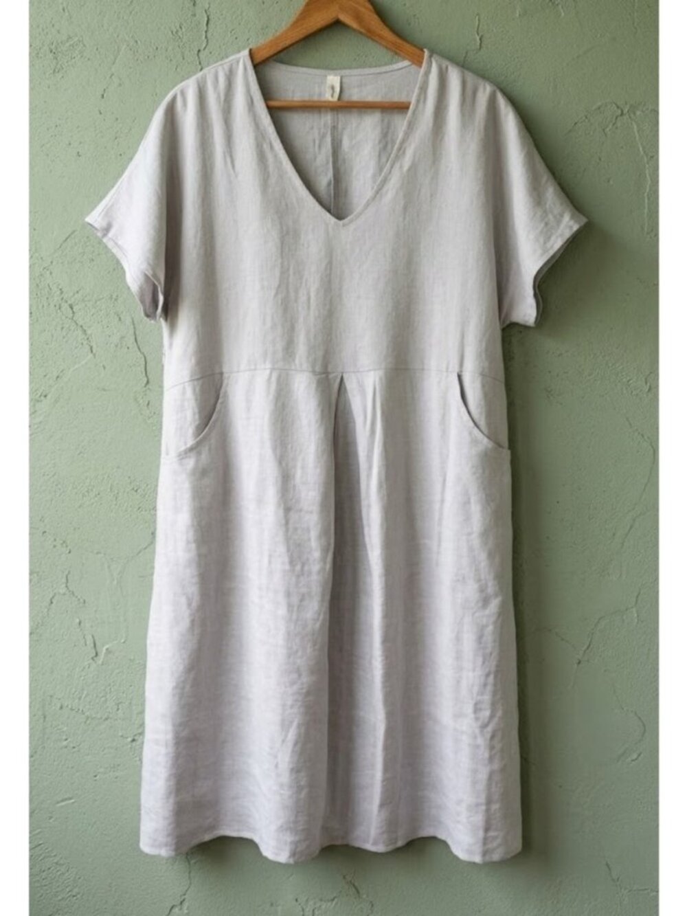 Grae Cove Size XL 100% Linen Midi Dress Short Sleeve Pockets Flared Light Gray